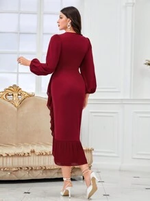 Modelyn 勃艮第红灯笼袖荷叶边裹身下摆连衣裙 - 酒紅色 - 查看 2