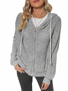 SHEIN LUNE Zip Up Drawstring Hooded Cardigan - Light Grey - View 1