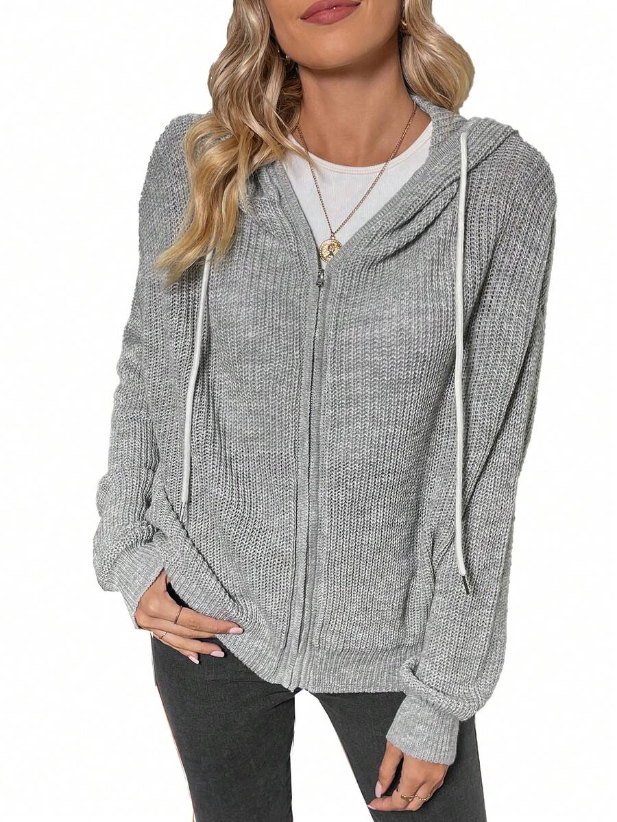 SHEIN LUNE Zip Up Drawstring Hooded Cardigan - Light Grey - View 1