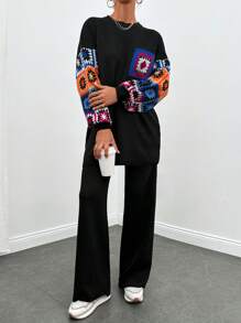 EURMUSE Geo Pattern Drop Shoulder Sweater & Knit Pants - Black - View 1