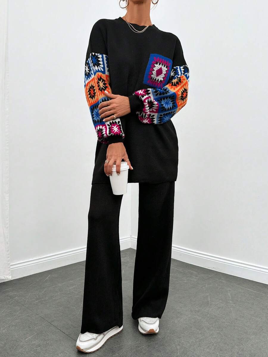 EURMUSE Geo Pattern Drop Shoulder Sweater & Knit Pants - Black - View 1