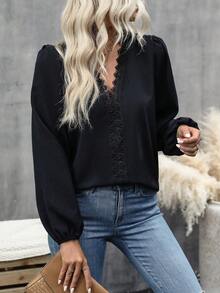 SHEIN Clasi 鏤空蕾絲花邊燈籠袖水溶蕾絲拼接襯衫 - 黑色 - 查看 5