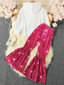 SHEIN 女大童人像圖案連帽T恤&喇叭褲 - 彩色 - 查看 2