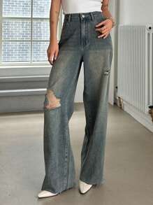 DAZY Rách Raw Hem Râu mèo Denim mùa giặt quần ống rộng Quần jean - Màu xanh bụi bặm - Xem 2