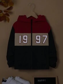 SHEIN Teenager Junge Jacke mit Nummer Grafik, Farbblock, Thermal Futter, Kapuze,