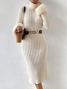 SHEIN Privé 高領毛茸茸袖口毛衣洋裝不附腰帶 - 杏色 - 查看 3