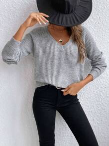 SHEIN LUNE Suéter de mangas raglán sólido, blusas de manga larga - Gris - Ver 3