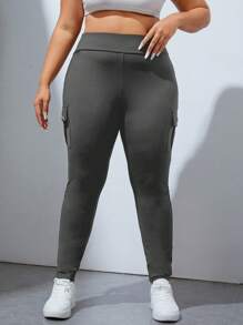 SHEIN EZwear Plus Flap Pocket Side Leggings - Dark Grey - View 5