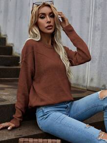 EMERY ROSE Solid Drop Shoulder Knit Pullover Fall Winter Sweater - Brown - View 1