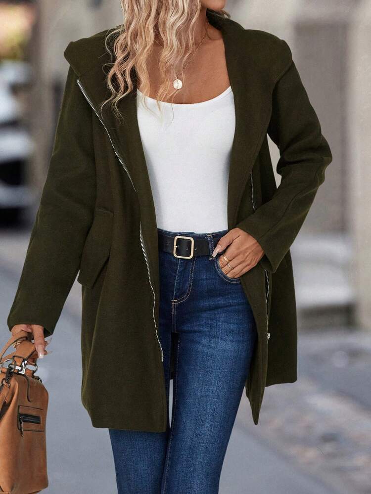 Solid Zip Up Hooded Overcoat