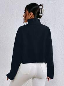 EMERY ROSE High Neck Drop Shoulder Sweater,Long Sleeve Tops Knit Pullover Fall Winter Outfit - Black - View 2