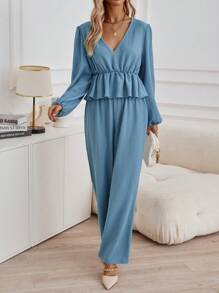 SHEIN Clasi Lantern Sleeve Peplum Top & Wide Leg Pants - Dusty Blue - View 3