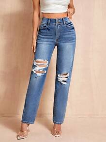 SHEIN BAE High Waist Ripped Straight Leg Jeans - Medium Wash - View 3