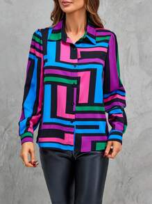 SHEIN LUNE In Địa lý Nút phía trước Áo sơ mi - Nhiều màu - Xem 5