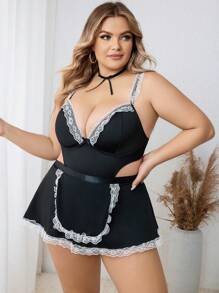 Plus Lace Trim Maid Costume Dress With Choker - Black - View 3