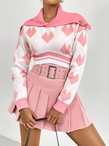 Chiquease Jersey crop con patrón de corazón cuello marinero con diseño de botón