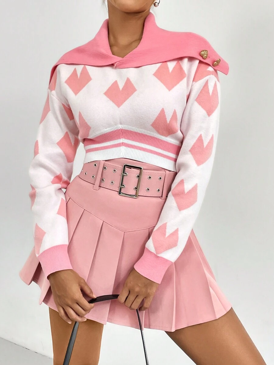 Chiquease 心形图案水手领纽扣细节短款针织套头衫秋冬毛衣 - 彩色 - 查看 1