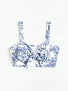 Soleia In hoa Paisley Nút phía trước Cami ngọn - Xanh và trắng - Xem 3