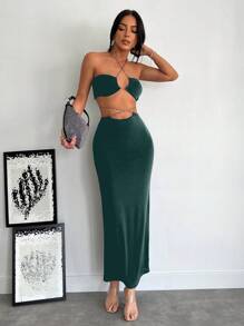 RueChic Crisscross Tie Backless Halter Top & Skirt - Dark Green - View 5