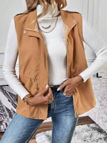 SHEIN LUNE Drawstring Waist Zip Up Vest Coat