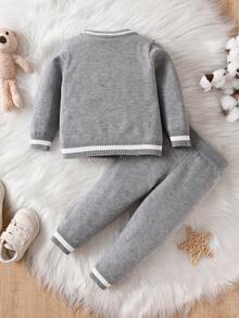 男嬰熊圖案條紋飾邊套頭毛衣和針織褲