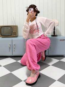 SHEINNeu Contrast Piping Slant Pocket Pants - Pink - View 3