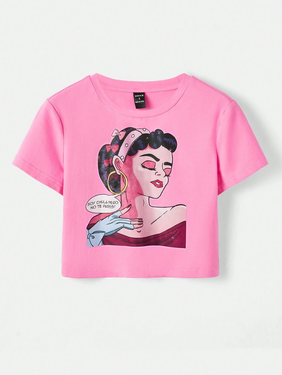 Rintage Camiseta crop con estampado de figura - Rosa - Ver 1