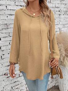 EMERY ROSE Solid Curved Hem Drawstring Hooded Blouse - Brown - View 3