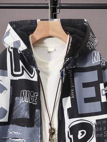 SHEIN 男大童字母圖案拉鏈開襟連帽保暖外套不帶T恤 - 黑與白 - 查看 4