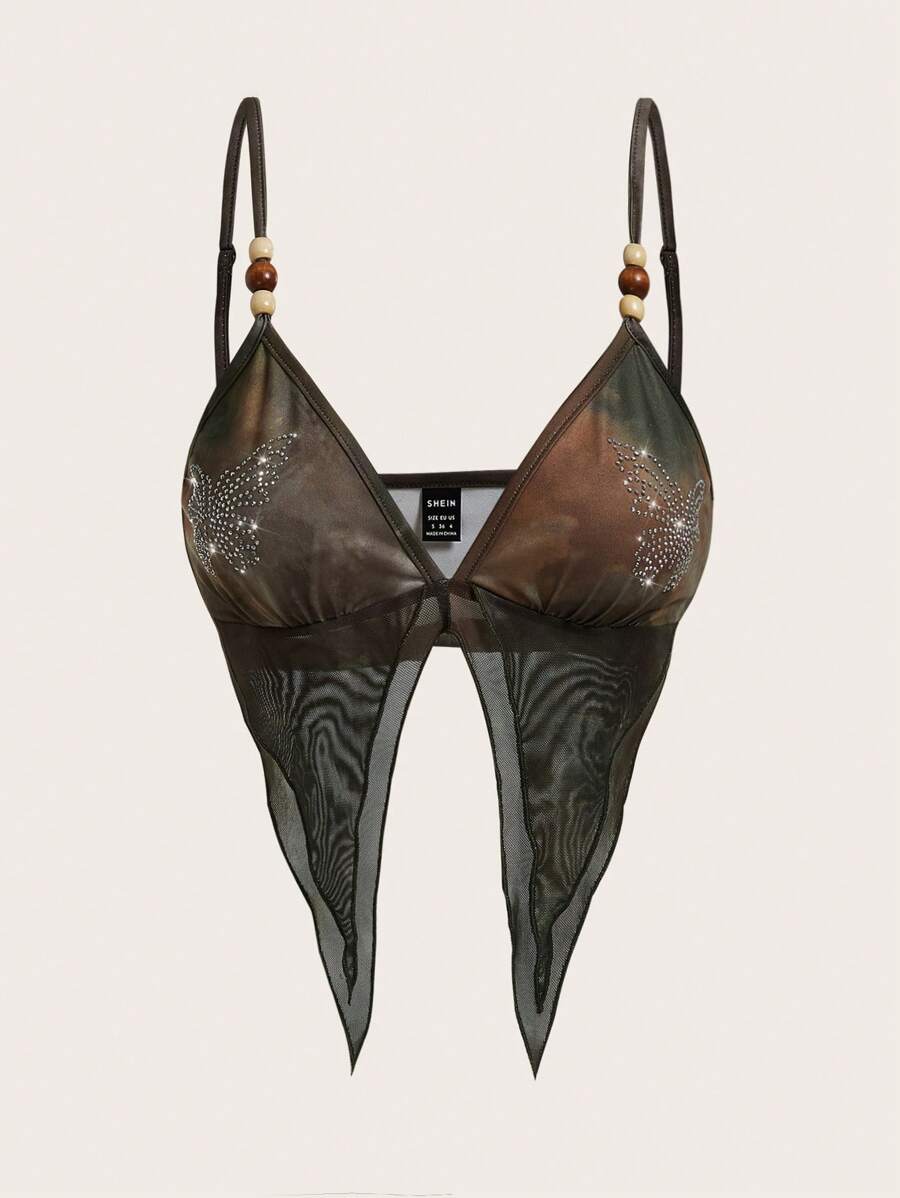 SHEIN ICON Rhinestone Butterfly Pattern Asymmetrical Hem Cami Top
