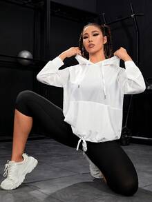 SHEIN Daily&Casual 加大码袋鼠口袋抽绳运动卫衣 - 白色 - 查看 5