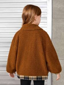 SHEIN Tween Girl Plaid Panel Drop Shoulder Teddy Jacket - Khaki - View 2