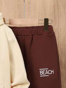 SHEIN 男大童標語圖案加絨內裏連帽夾克和運動褲不帶T恤 - 卡其色 - 查看 6