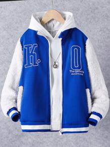 Tween Boy Two Tone Slogan Embroidery Striped Trim Varsity Jacket Without Hoodie