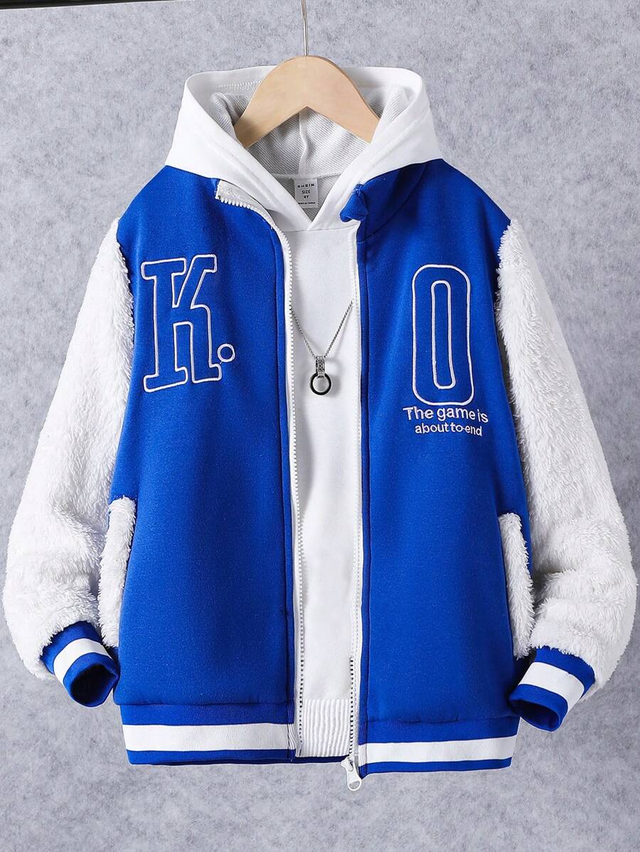 Tween Boy Two Tone Slogan Embroidery Striped Trim Varsity Jacket Without Hoodie