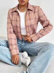 SHEIN Essnce Plaid Print Zip Up Shirt - Multicolor - View 6