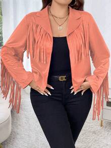 Calvaya Plus Fringe Trim Open Front Jacket - Dusty Pink - View 6