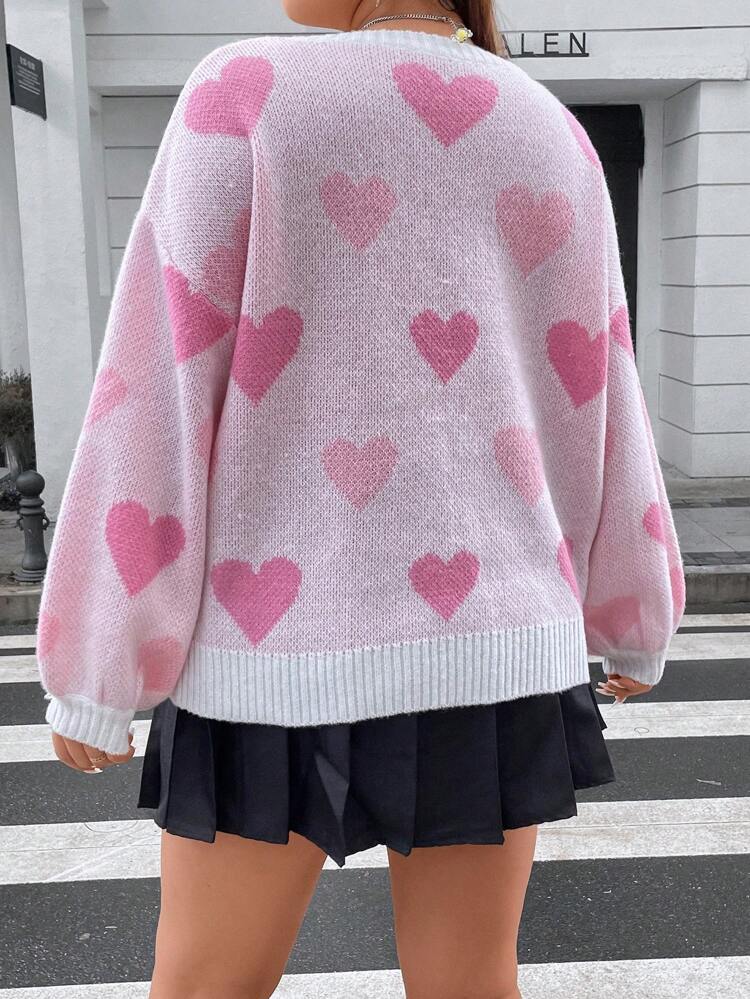 Plus Heart Pattern Drop Shoulder Sweater, For Winter Knit Pullover Fall Autumn