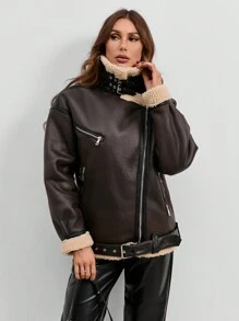 SHEIN Essnce Teddy Lined Belted PU Leather Moto Jacket - Coffee Brown - View 6