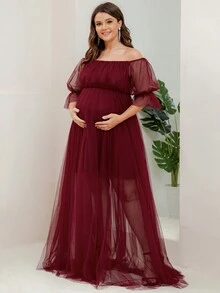 Maternity Off Shoulder Flare Sleeve Mesh Elegant Dress, For Party - Red - View 3