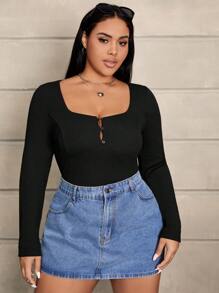 SHEIN EZwear 大碼前紐扣T恤 - 黑色 - 查看 5