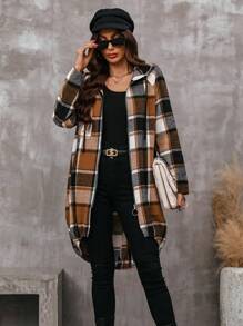 SHEIN LUNE Plaid Print Zip Up Hooded Coat - Multicolor - View 3