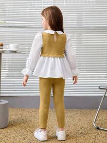 SHEIN Young Girl Letter Patched Flounce Sleeve Peplum Top & Pants - Yellow - View 2
