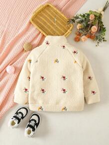 SHEIN Young Girl Floral Embroidery Raglan Sleeve Half Zip Teddy Sweatshirt - Beige - View 2