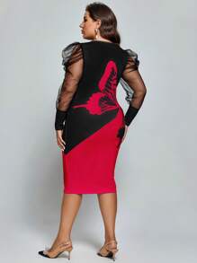 SHEIN Clasi Plus Butterfly Print Contrast Mesh Gigot Sleeve Bodycon Dress - Red - View 2