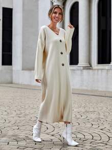 EURMUSE Button Detail Split Hem Drop Shoulder Sweater Dress - Beige - View 5