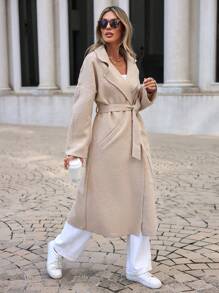 EURMUSE Lapel Neck Drop Shoulder Belted Overcoat - Beige - View 1
