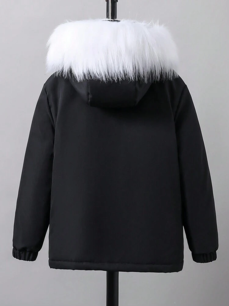 Tween Boy 1pc Bear Decor Fuzzy Trim Teddy Lined Hooded Padded Coat