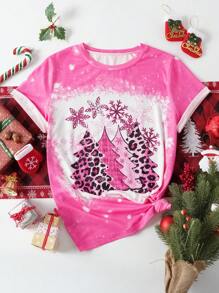 SHEIN LUNE Christmas Print Tee - Pink - View 1