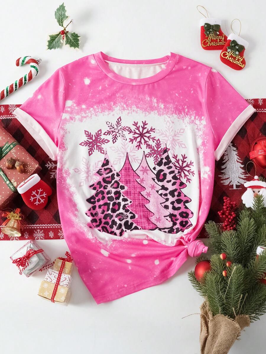 SHEIN LUNE Christmas Print Tee - Pink - View 1